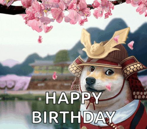 a dog wearing a samurai helmet with the words happy birthday written below it