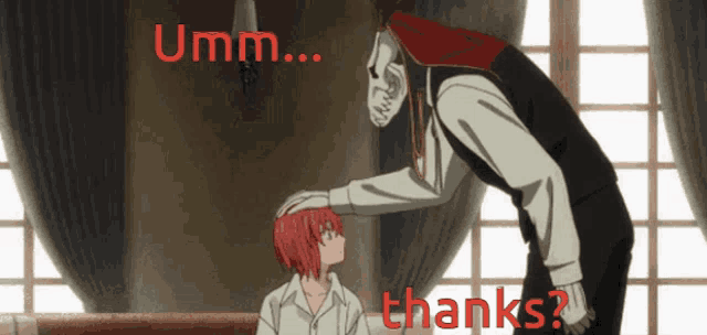 a man putting his hand on a woman 's head with the words " umm ... thanks "
