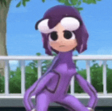 a cartoon character in a purple suit with big eyes is standing in front of a fence .