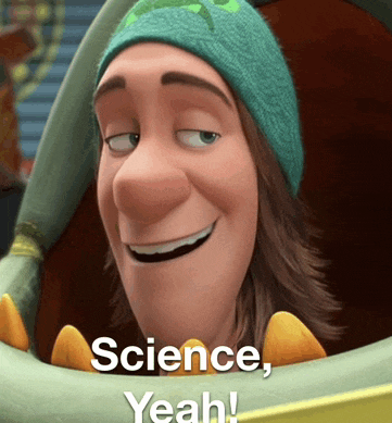 a cartoon character with the words science yeah written on it