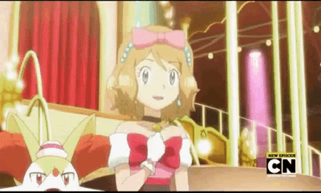 a girl in a pink dress is standing next to a cartoon character with cn on the bottom