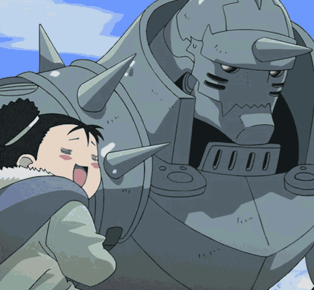 a cartoon of a boy standing next to a large robot