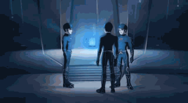 two cartoon characters are standing next to each other in a room with a floating object in the air .