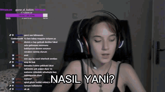 a woman wearing headphones with the words " nasil yani " below her