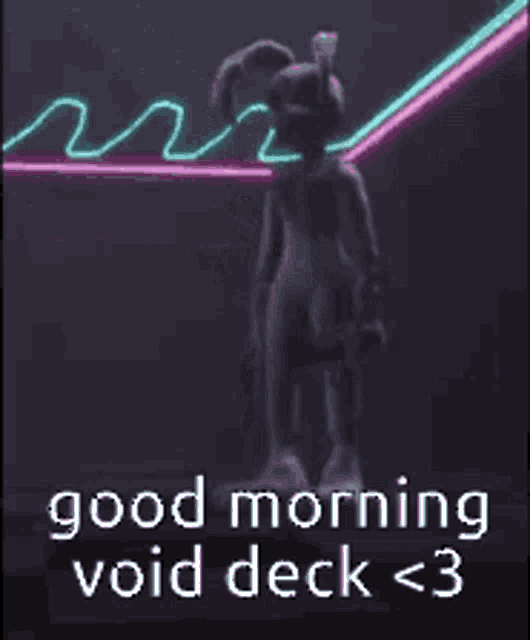a rabbit is standing in front of a neon sign that says good morning void deck < 3 .