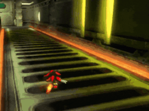 shadow the hedgehog is running down a conveyor belt