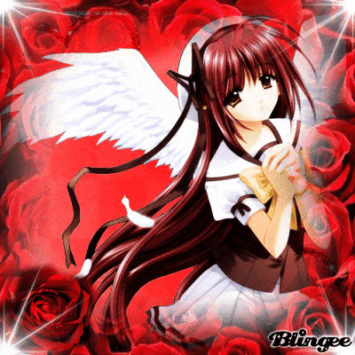 a girl with red hair and white wings is in front of red roses