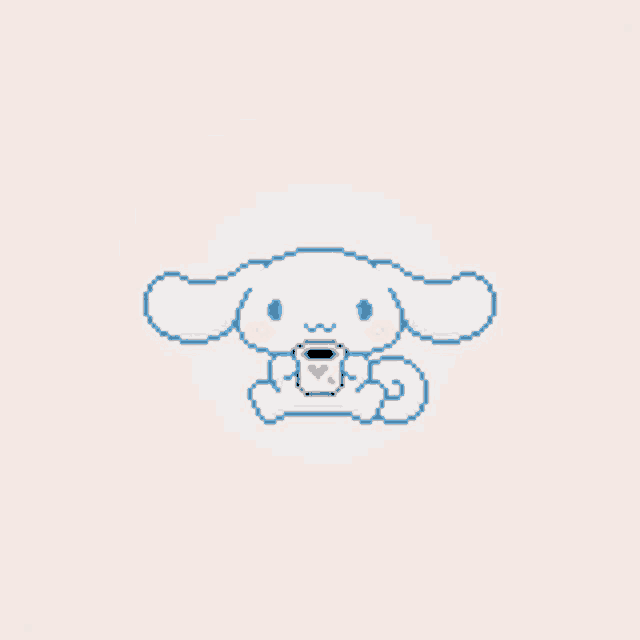 a pixel art of cinnamoroll holding a cup of coffee with a heart on it