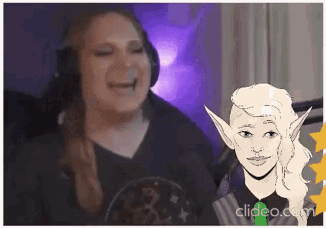 a woman wearing headphones is laughing next to a drawing of a girl with elf ears .