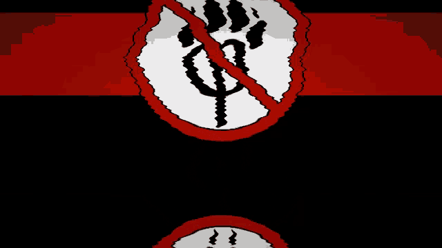 a black and red background with a white circle with a paw print in it and a red line through it