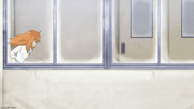 two girls are looking out of a window and one has a ponytail on