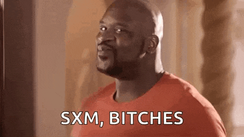 a bald man with a beard is standing in front of a mirror and says `` sxm , bitches '' .