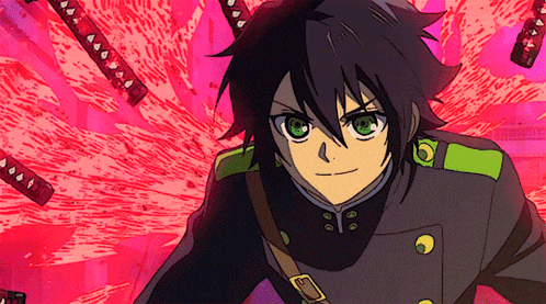 a cartoon character with green eyes is surrounded by swords and a pink background