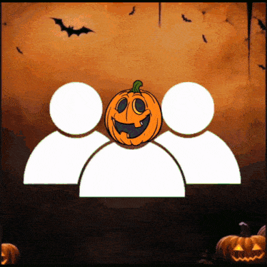 a group of people with a pumpkin on top of them