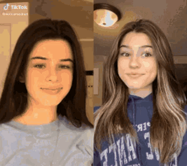 a before and after photo of a girl with long hair and a blue shirt .