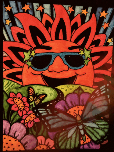 a colorful drawing of a sun wearing sunglasses surrounded by flowers and butterflies