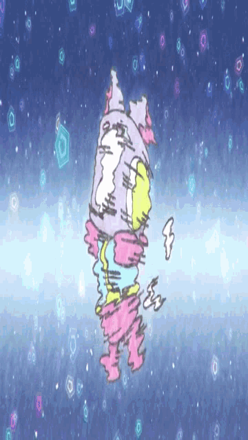 a colorful drawing of a cartoon character in space with a blue background