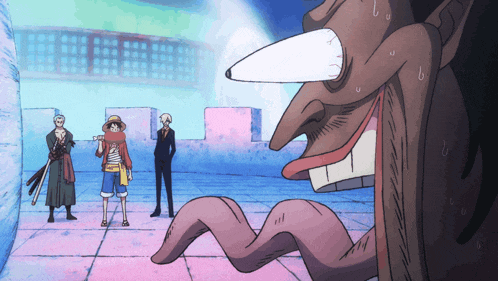 a group of anime characters are standing in a room