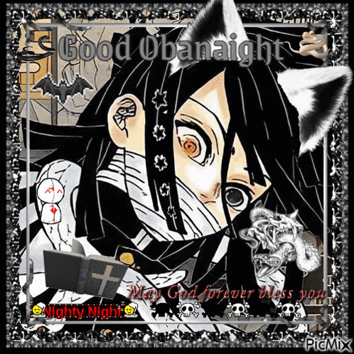 a picture of a girl with a cat 's ears and the words good obanaight
