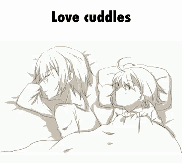 a black and white drawing of a boy and a girl with the words love cuddles above them