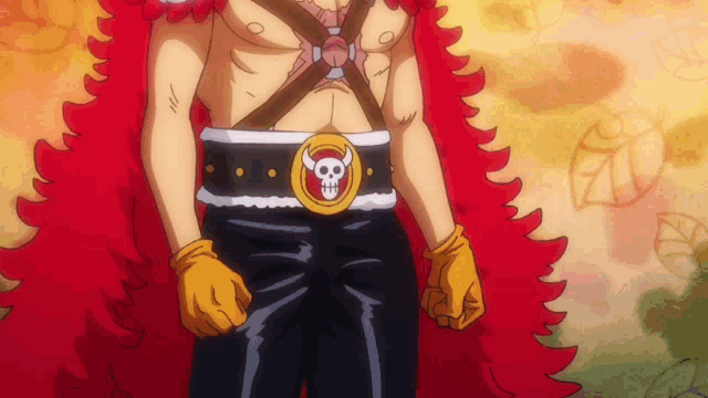 a cartoon character with a belt with a skull and horns on it