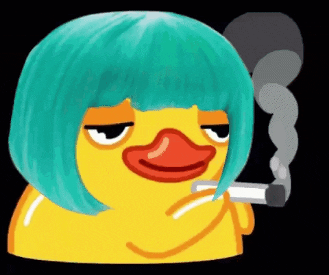 a yellow duck with blue hair is smoking a cigarette .