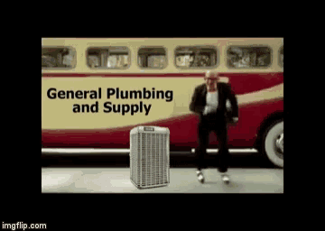 an ad for general plumbing and supply shows a man dancing in front of a bus