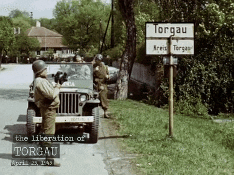 the liberation of torgau is written on the bottom of the screen