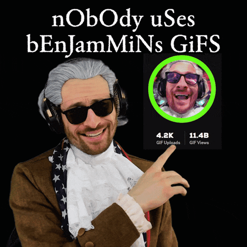 a man in a wig and sunglasses points to a picture of benjamins