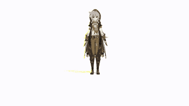 a girl with a yellow hood is standing with her arms outstretched in front of a white background