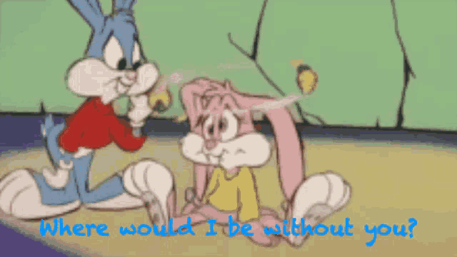 bugs bunny and lola bunny are sitting next to each other with the words where would i be without you on the bottom