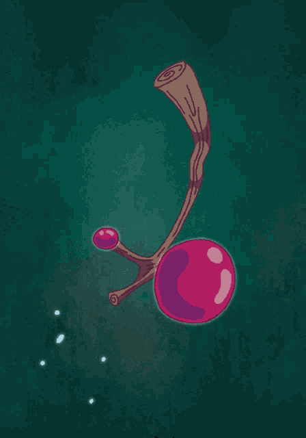 a cartoon drawing of a cherry being eaten by a tree branch