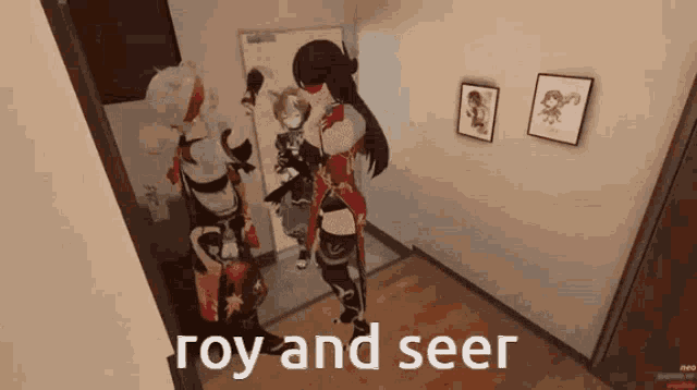 a video game character is standing in a hallway with the words " roy and seer " on the bottom