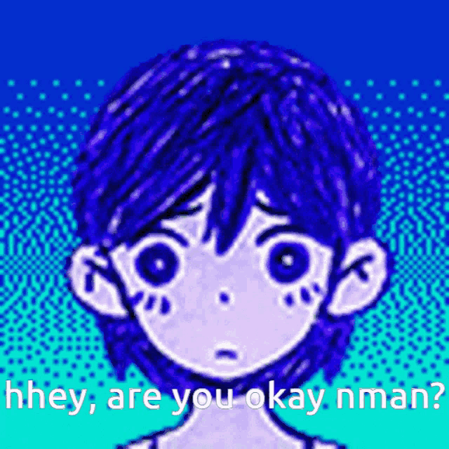 a pixelated image of a boy with blue hair and the words " hey are you okay nman "