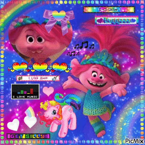 a picture of a troll and a pony with the words i love music on the bottom