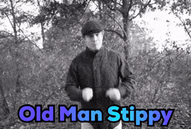 a black and white photo of a man with the words old man stiffy