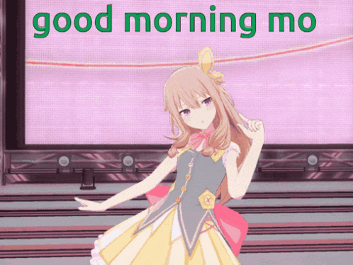 a girl in a yellow dress is dancing in front of a screen that says good morning mo