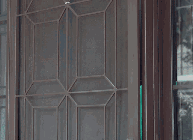 a woman in a green shirt and pearls looks out a window