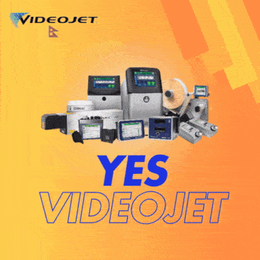 an advertisement for videojet shows a bunch of machines on an orange background