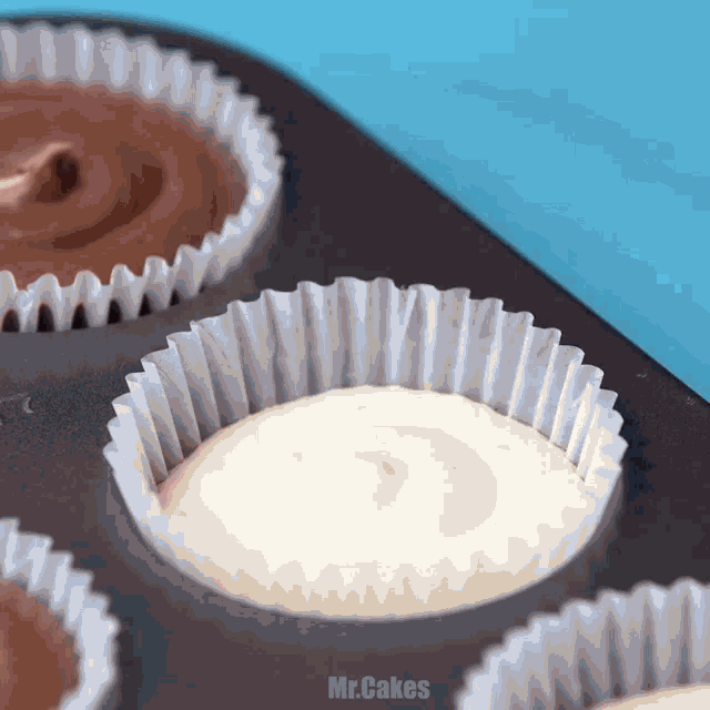 a tray of cupcakes with the word mr.cakes on the bottom right