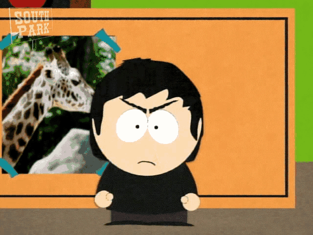 a cartoon character from south park stands in front of a giraffe photo