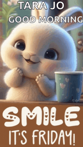 tara jo good morning smile it 's friday with a bunny holding a cup
