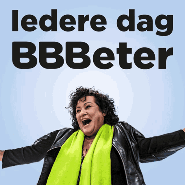 a woman with her arms outstretched and the words " ledere dag bbbeter " behind her