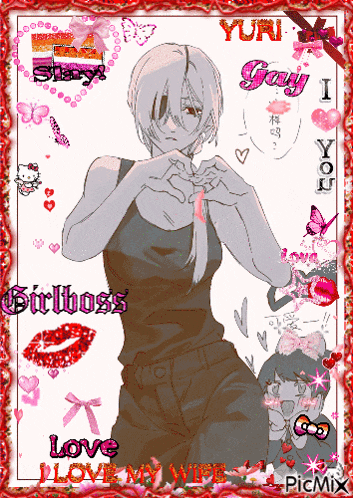 a picture of a girl making a heart with her hands with the words yuri gay i love you girlboss and i love my wife