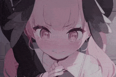 a girl with pink hair and black wings is making a funny face