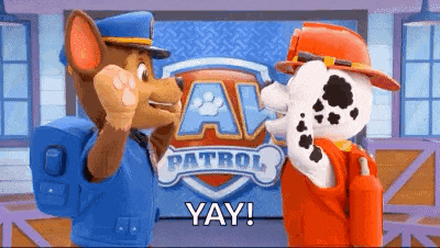 chase and marshall from paw patrol are standing next to each other .