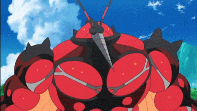 a large red and black cartoon character with a blue sky behind it