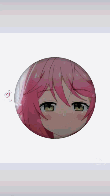 a circle with a picture of a girl with pink hair