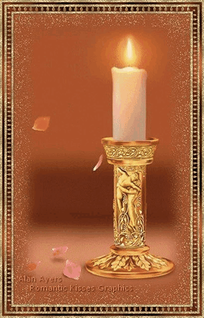 a lit candle in a gold candle holder with petals falling from it .