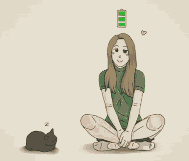 a drawing of a woman sitting on the floor with a cat sleeping next to her and a battery above her head